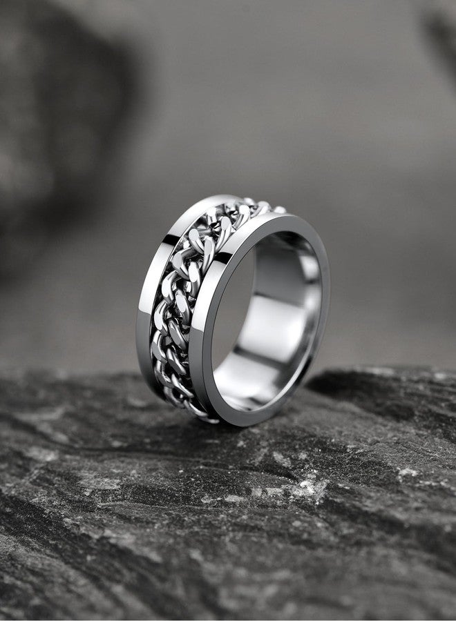 U7 خواتم رجال من الفولاذ المقاوم للصدأ U7، خاتم دوار للقلق للرجال والنساء، خاتم سلسلة فضية كلاسيكية بحجم 6 - Image 4