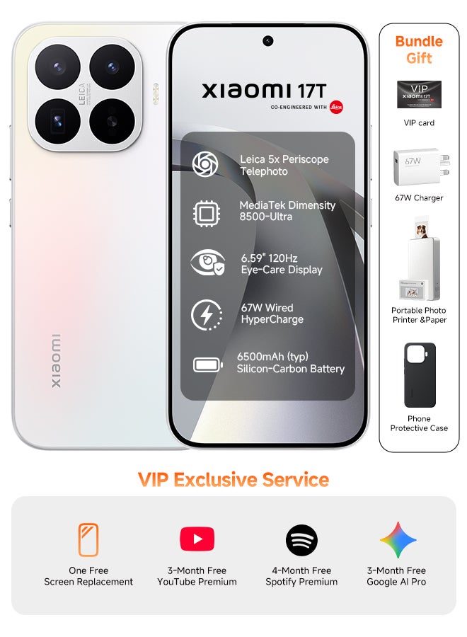 Xiaomi 17T Dual SIM 5G Opal White 12GB RAM 512GB + Portable photo printer pro + Sublimation Photo Paper(20) - Global Version - Image 1