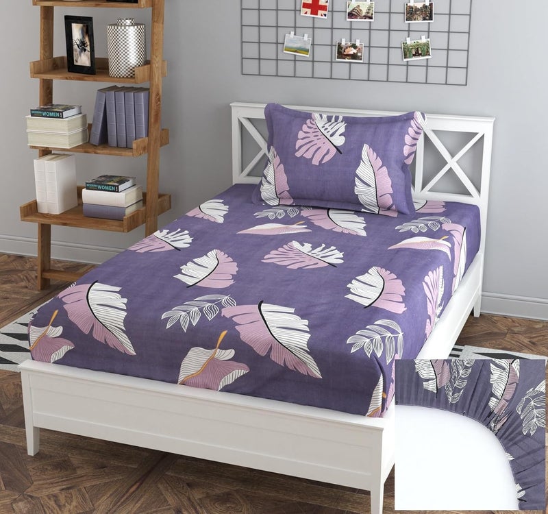 BLUEDOT 100 Soft Glace Cotton Elastic Fitted Single Bed Bedsheet with 1 Large Pillow Cover Single Bed 42 x72x6 inches Purple - Image 1