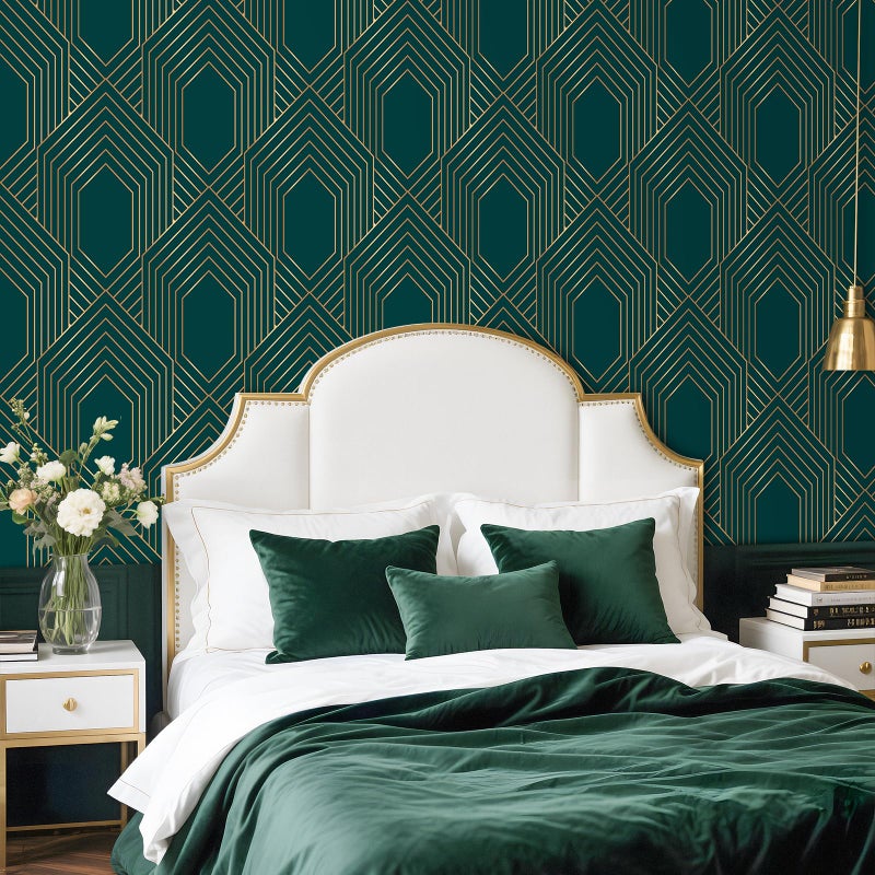 Stickyart Art Deco Geometric Wallpaper Peel and Stick Gold Line Dark Green Wallpaper Removable 1920s Luxury Art Deco Line Geometric Contact Paper Minimalist for Cabinet Accent Wall 17.5"x80" - Image 4