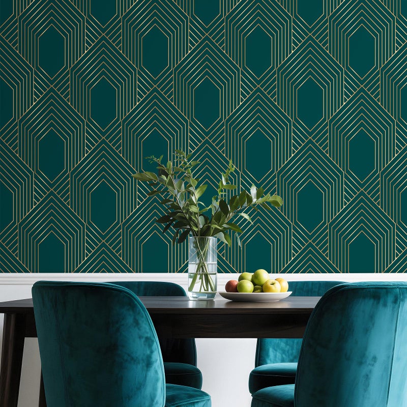 Stickyart Art Deco Geometric Wallpaper Peel and Stick Gold Line Dark Green Wallpaper Removable 1920s Luxury Art Deco Line Geometric Contact Paper Minimalist for Cabinet Accent Wall 17.5"x80" - Image 5