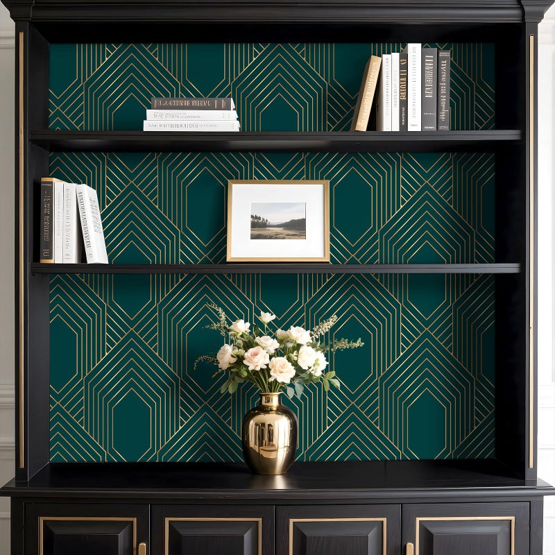 Stickyart Art Deco Geometric Wallpaper Peel and Stick Gold Line Dark Green Wallpaper Removable 1920s Luxury Art Deco Line Geometric Contact Paper Minimalist for Cabinet Accent Wall 17.5"x80" - Image 3