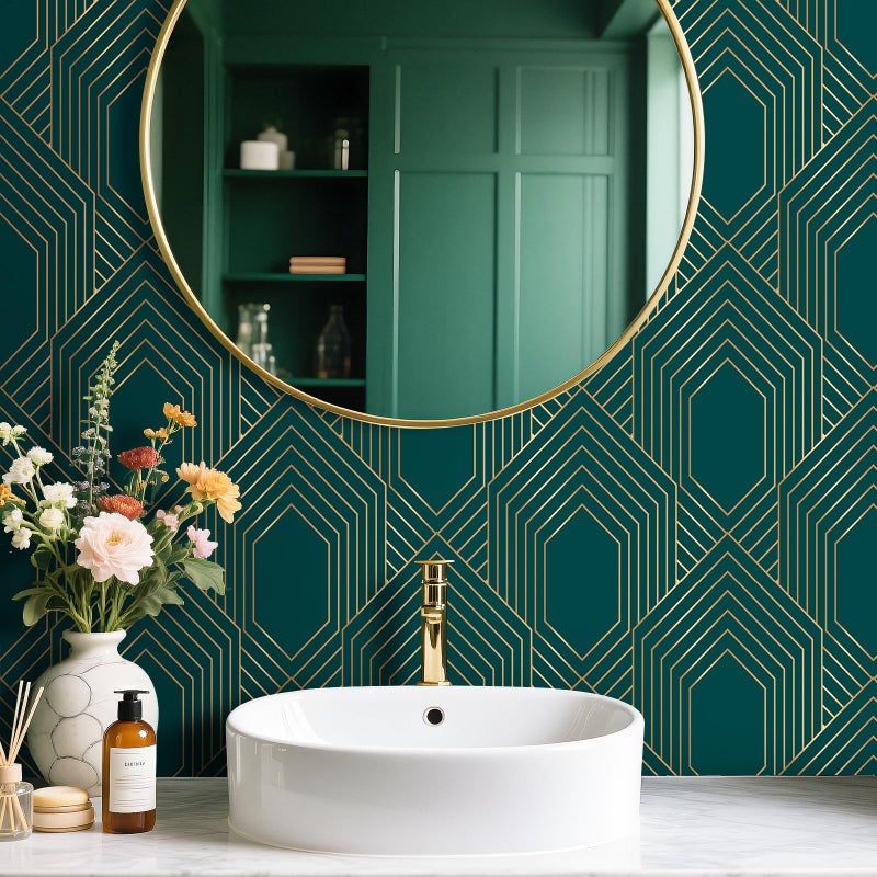 Stickyart Art Deco Geometric Wallpaper Peel and Stick Gold Line Dark Green Wallpaper Removable 1920s Luxury Art Deco Line Geometric Contact Paper Minimalist for Cabinet Accent Wall 17.5"x80" - Image 2