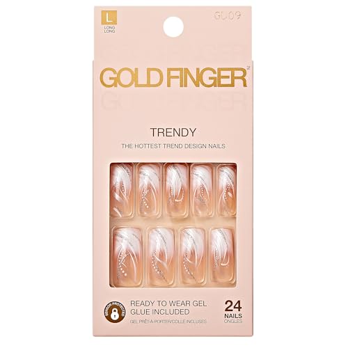 Gold Finger Full Cover White French Design Press on Nails Ready to Wear Gel Manicure Long Nails Salon Result Long lasting Durable MIni Glue Included