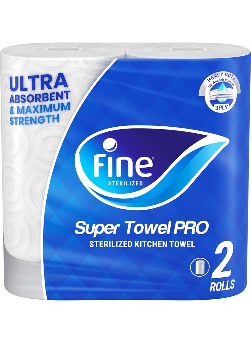 Fine Kitchen Tissue Paper Pro, 3 Ply, 2 Rolls – Premium Absorbent Kitchen Towels for Everyday Cleaning, Spills, Drying, Wiping & Household Use - Image 1
