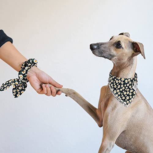 E-Clover Dog Bandanas & Matching Scrunchie Set Girl Dog Scarf Bibs with Bow Scrunchie for Medium Large Dogs Pet Owner Gifts Flower Black - Image 2