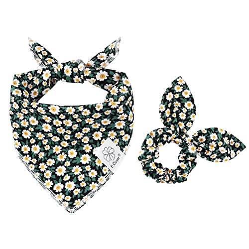 E-Clover Dog Bandanas & Matching Scrunchie Set Girl Dog Scarf Bibs with Bow Scrunchie for Medium Large Dogs Pet Owner Gifts Flower Black - Image 1