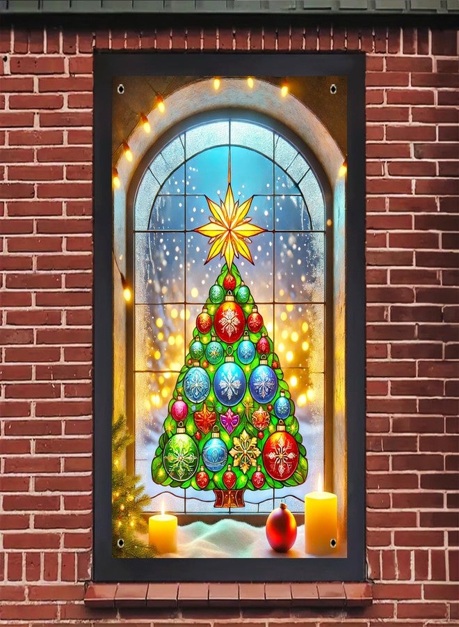 BlissYard Christmas Window Cover 31x47 Inch Arched Window Christmas Tree Colorful Ornaments Gold StarLight String Snow Scene Holiday Backdrop Indoor Outdoor Festive Winter Decor - Image 5