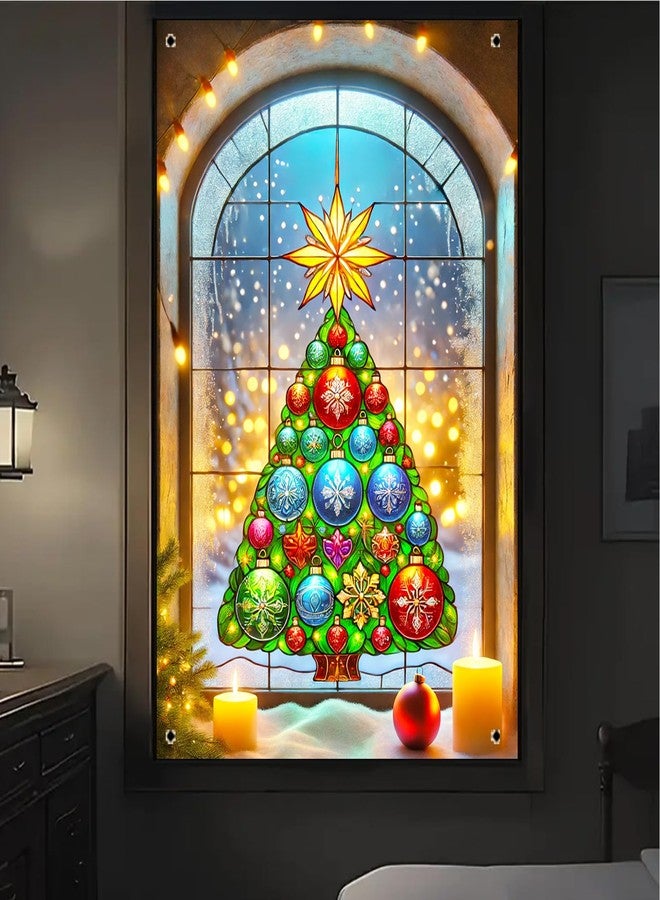 BlissYard Christmas Window Cover 31x47 Inch Arched Window Christmas Tree Colorful Ornaments Gold StarLight String Snow Scene Holiday Backdrop Indoor Outdoor Festive Winter Decor - Image 4