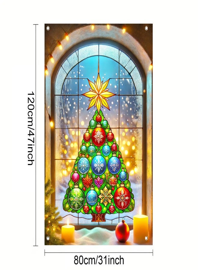 BlissYard Christmas Window Cover 31x47 Inch Arched Window Christmas Tree Colorful Ornaments Gold StarLight String Snow Scene Holiday Backdrop Indoor Outdoor Festive Winter Decor - Image 3