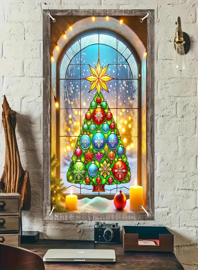 BlissYard Christmas Window Cover 31x47 Inch Arched Window Christmas Tree Colorful Ornaments Gold StarLight String Snow Scene Holiday Backdrop Indoor Outdoor Festive Winter Decor - Image 2