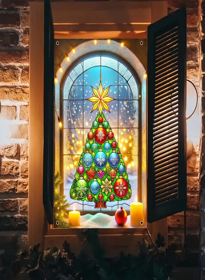 BlissYard Christmas Window Cover 31x47 Inch Arched Window Christmas Tree Colorful Ornaments Gold StarLight String Snow Scene Holiday Backdrop Indoor Outdoor Festive Winter Decor - Image 1