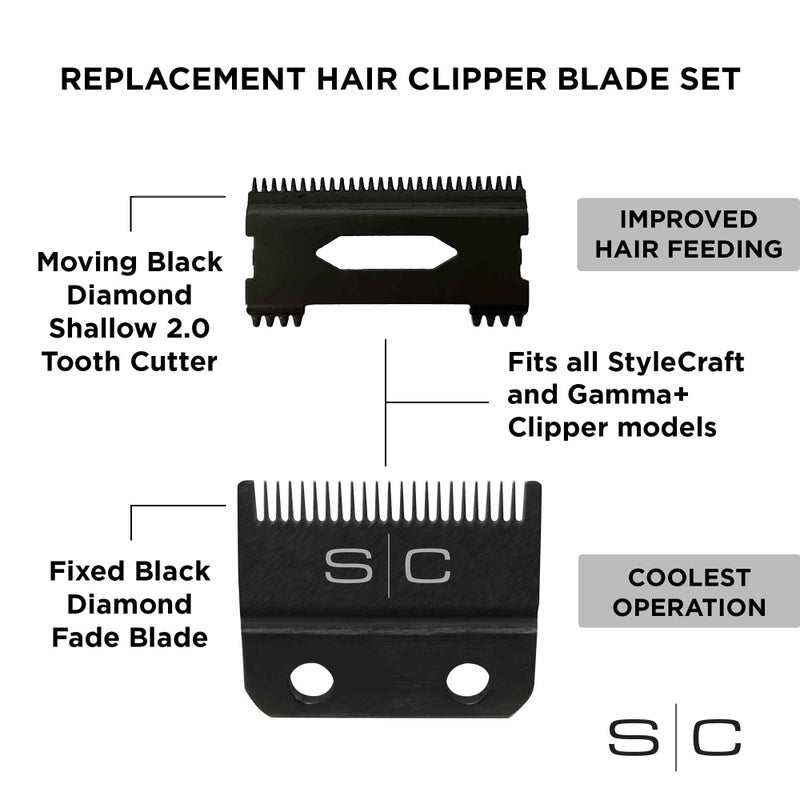 StyleCraft Replacement Double Black Diamond Carbon DLC Fixed Fade Blade with Shallow Tooth Cutter 2.0 Clipper Blade Set - Image 2