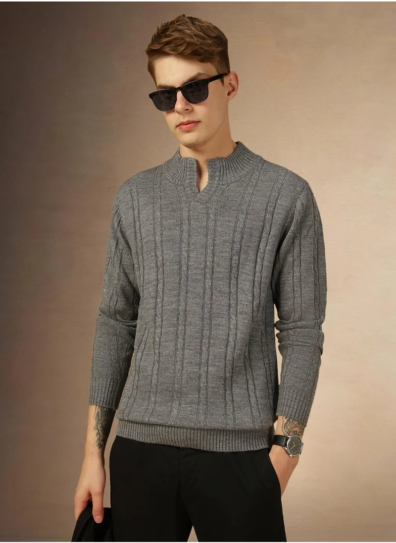 دينيس لينغو Men's Grey Melange 100% Acrylic Solid Regular Fit Sweater