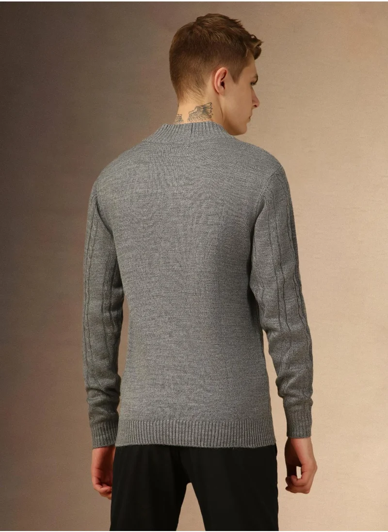 Dennis Lingo Men's Grey Melange 100% Acrylic Solid Regular Fit Sweater