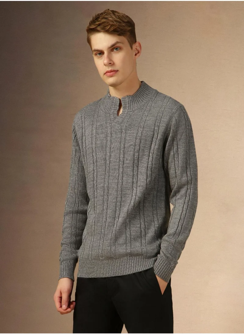 دينيس لينغو Men's Grey Melange 100% Acrylic Solid Regular Fit Sweater