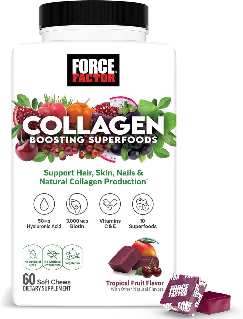 Force Factor Collagen Boosting Superfoods Vegan Collagen Booster for Women with Biotin Hyaluronic Acid and Vitamin C for Hair Skin Nails  Joint Support Tropical Fruit 60 Soft Chews - Image 1