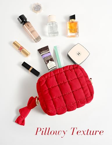 Yarnic Quilted Makeup Bag Puffy Cosmetic Bag, Travel Toiletry Bag for Women, Cute Makeup Bag Organizer Puffer Makeup Pouch (S, Red) - Image 2