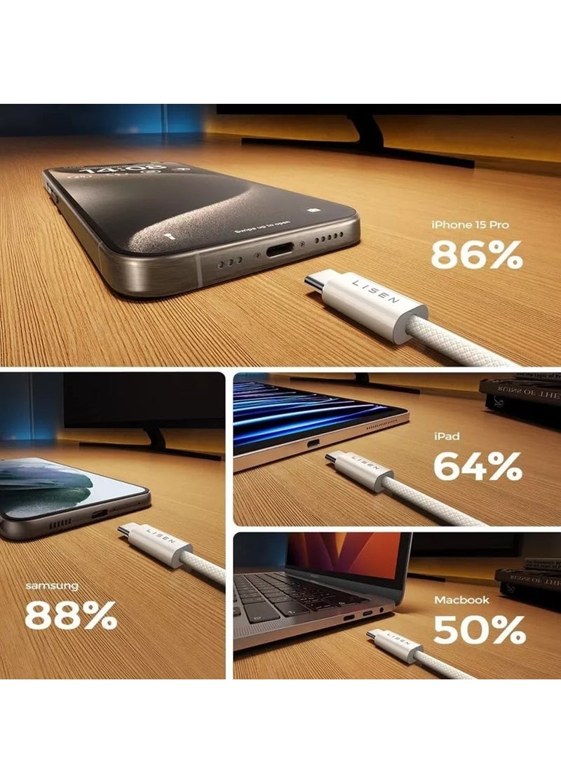 Lisen 240 Watts USB-C to USB-C Turbo Charging Cable with 2 Meter Length, 5000+ Flex Test, 48-Stand Braided, Lisen - White  - Image 3