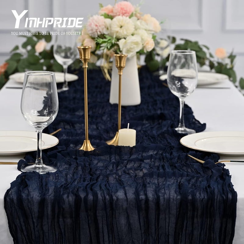 YMHPRIDE Set of 2 Royal Navy Blue Muslin Table Runners, 90 x 300 cm Rustic Gauze Fabric, Wedding Table Decoration, Table Cloth, Wedding Party, Bridal Shower, Table Decorations - Image 5