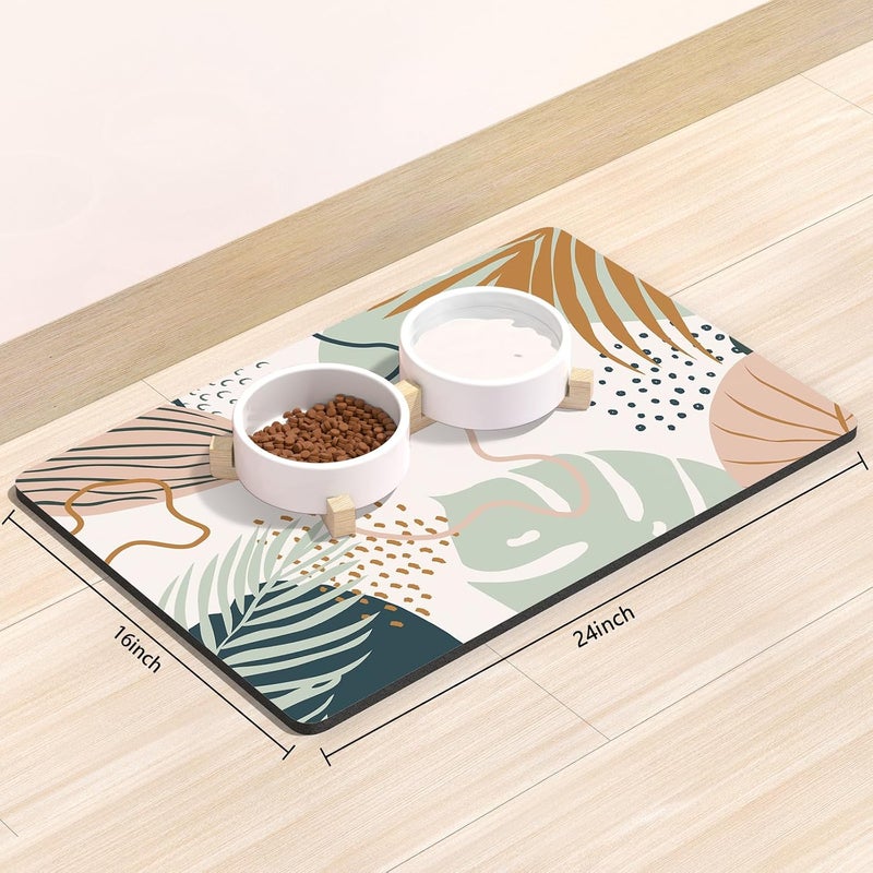 Rnivvi Dog Food Mat, 16" x 24" Boho Absorbent Dog Cat Bowl Mat for Food and Water, Cute Anti-Slip Rubber Pet Feeding Rug Protect Floors, Puppy Placemat for Feeding & Watering Supplies, Tropical Leaves - Image 2