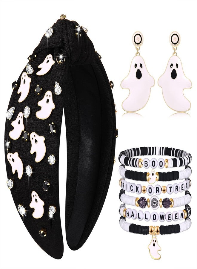 CEALXHENY Halloween Headbands & Accessories - Jeweled Ghost Candy Corn Knotted Headband, Bracelets, Earrings & Hair Accessories for Women - Halloween Outfits (Pattern B) - Image 1