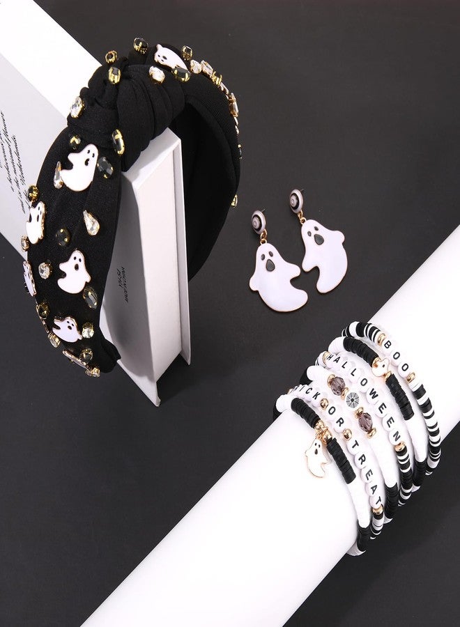 CEALXHENY Halloween Headbands & Accessories - Jeweled Ghost Candy Corn Knotted Headband, Bracelets, Earrings & Hair Accessories for Women - Halloween Outfits (Pattern B) - Image 2