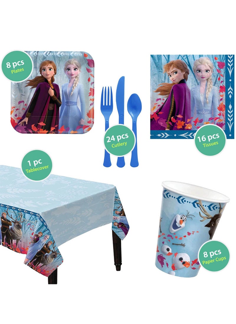 Amscan - Frozen 2, Basic 57 Piece Tableware Party Supplies for 8 Guests, Includes Napkins, Plates, Cups, Cutlery and Tablecover - Image 1