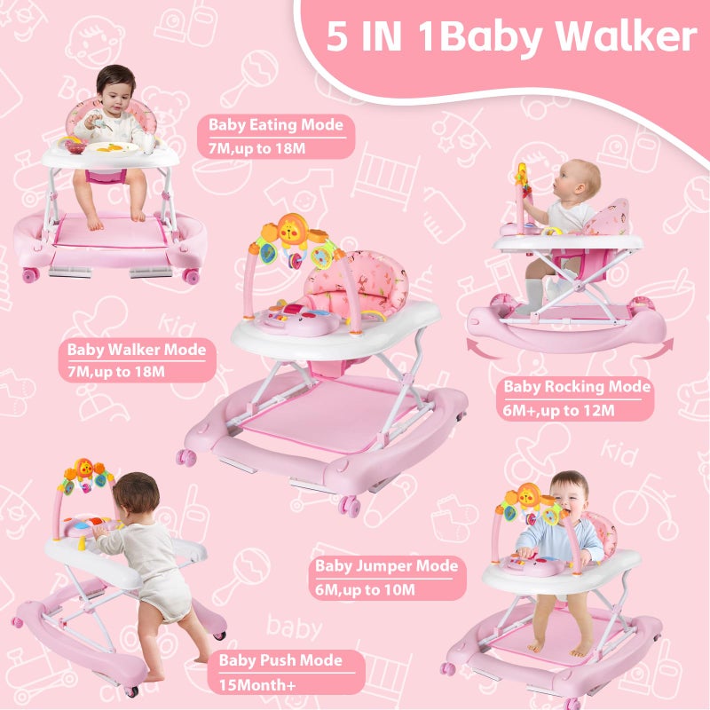 RefoereBabe Baby Walker, 5 in 1 Baby Walkers for Boys Girls 6-12 Months, Foldable Walkers for Babies with Bouncer & Feeding Tray, Music, Adjustable Heights, Activity Walker for Infant - Image 2