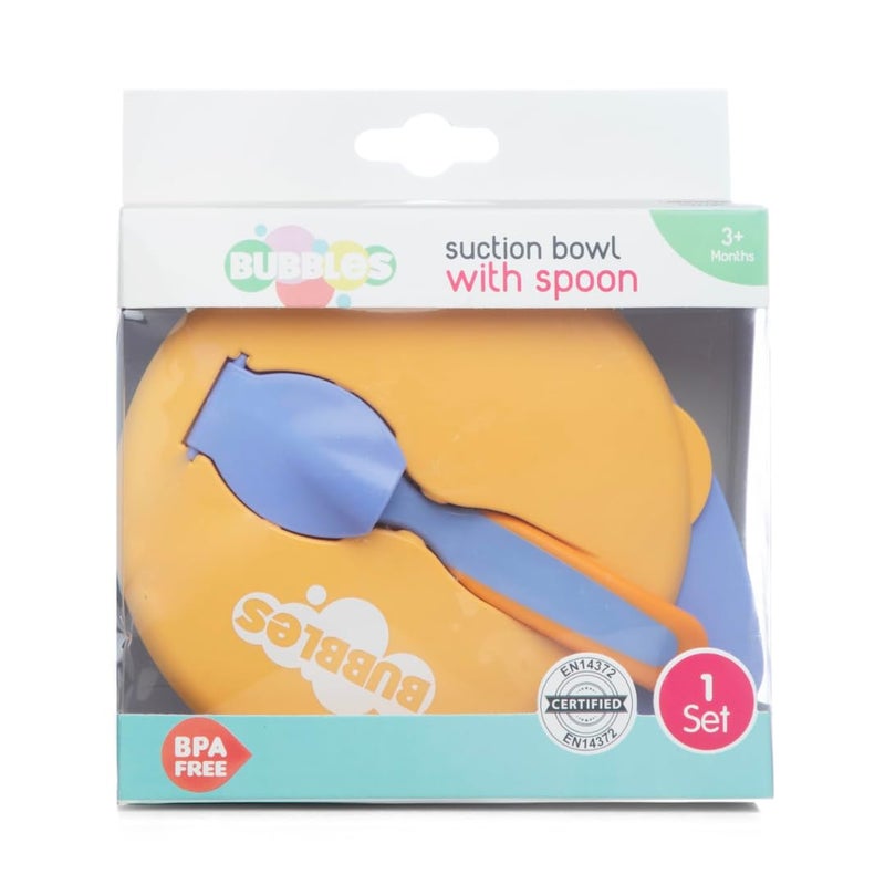 Bubbles وعاء تغذية مع غطاء، ملعقة للتغذية والفطام، مجموعة أدوات المائدة، مجموعة ملعقة ووعاء ناعمة للمرحلة الأولى للأطفال (برتقالي - أزرق) - Image 1