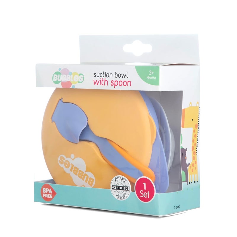 Bubbles وعاء تغذية مع غطاء، ملعقة للتغذية والفطام، مجموعة أدوات المائدة، مجموعة ملعقة ووعاء ناعمة للمرحلة الأولى للأطفال (برتقالي - أزرق) - Image 3