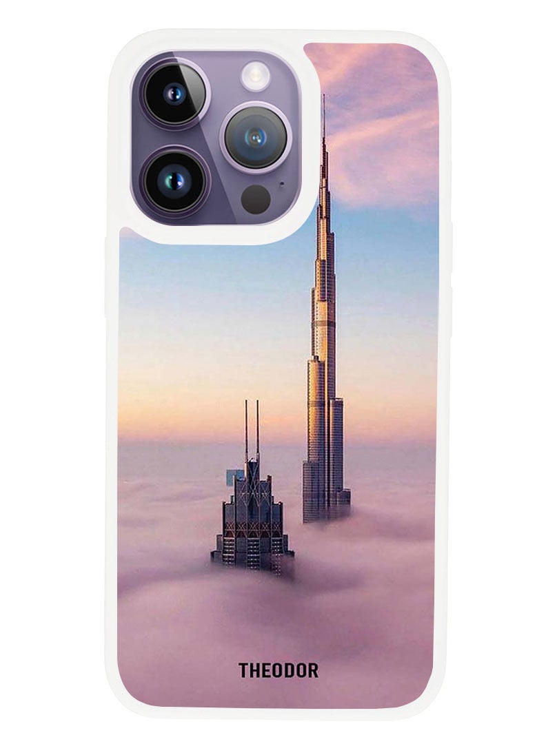 Theodor Protective Case Anti Scratch Shock Proof Cover For APPLE IPHONE 14 PRO Burj Khalifa In Clouds (White Bumper) - Image 1