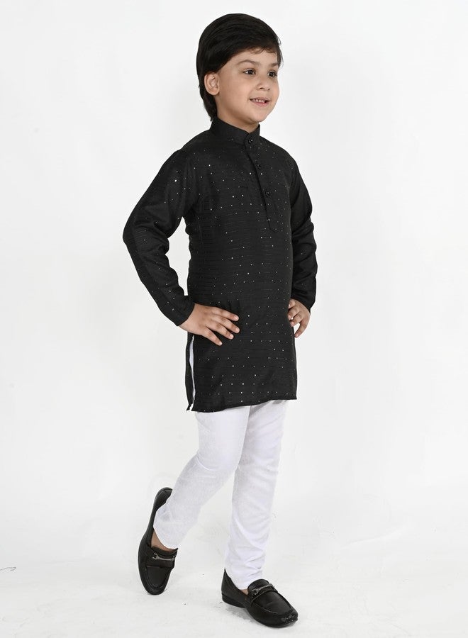 Qtsy Boys Ethnic Wear Colored Cotton Kurta, Round Collar, Full Sleeves With White Pyjama (3-4, BLACK) - Image 3