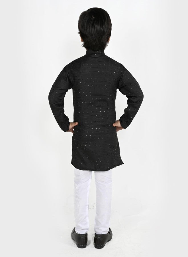 Qtsy Boys Ethnic Wear Colored Cotton Kurta, Round Collar, Full Sleeves With White Pyjama (3-4, BLACK) - Image 2