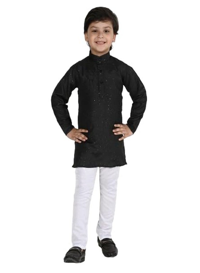 Qtsy Boys Ethnic Wear Colored Cotton Kurta, Round Collar, Full Sleeves With White Pyjama (3-4, BLACK) - Image 1