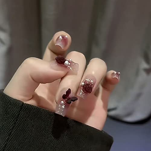 TBRZTR Press On Nails Medium Square Stick On Nails with Butterfly Flowers Designs Coffin Shape Full Cover Reusable False Nails with Glue Artificial Fingernails Acrylic Fake Nails for Women Glue On Nails - Image 1