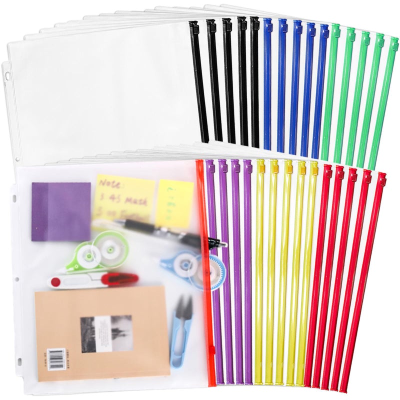 Mezchi 30 Pack Binder Pockets, 3 Ring Hole Binder Pouch, 11" Ã— 9" Letter Size Binder Pockets with Zipper, PVC Loose Leaf Binder Sleeves Storage Bags for Files, Documents - Image 1