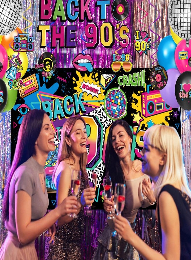 QIYANPAX 90s Party Decorations Includes 90's Backdrop, Foil & Latex Balloons, Cake & Cupcake Toppers, Honeycomb Centerpieces Banner, Hanging Swirls for 80s 90s Party Decorations - Image 4
