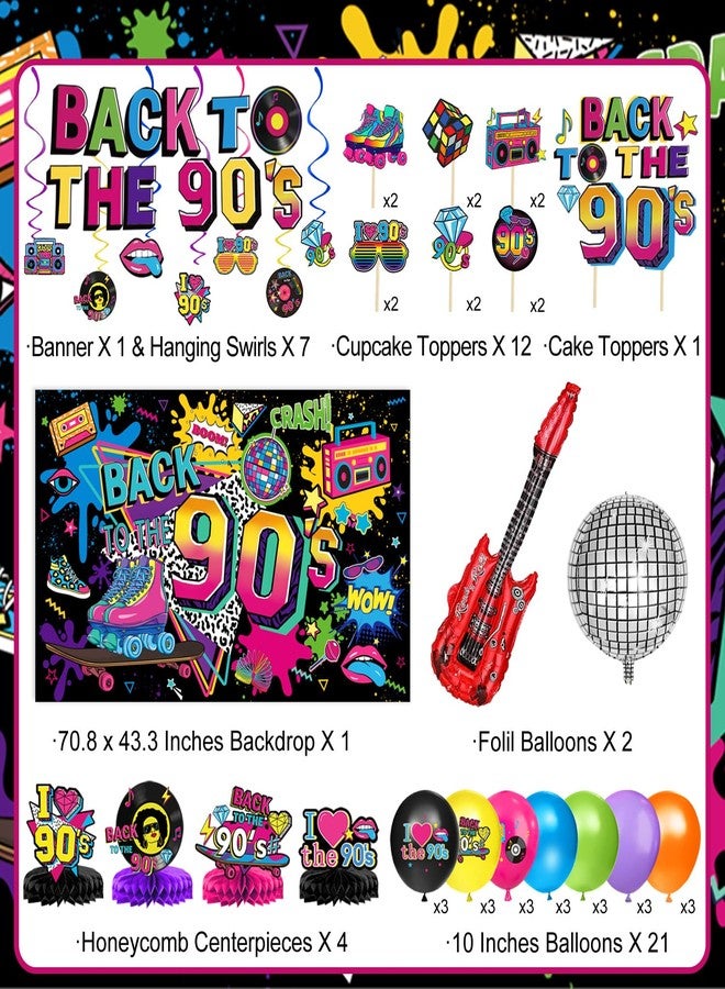 QIYANPAX 90s Party Decorations Includes 90's Backdrop, Foil & Latex Balloons, Cake & Cupcake Toppers, Honeycomb Centerpieces Banner, Hanging Swirls for 80s 90s Party Decorations - Image 2