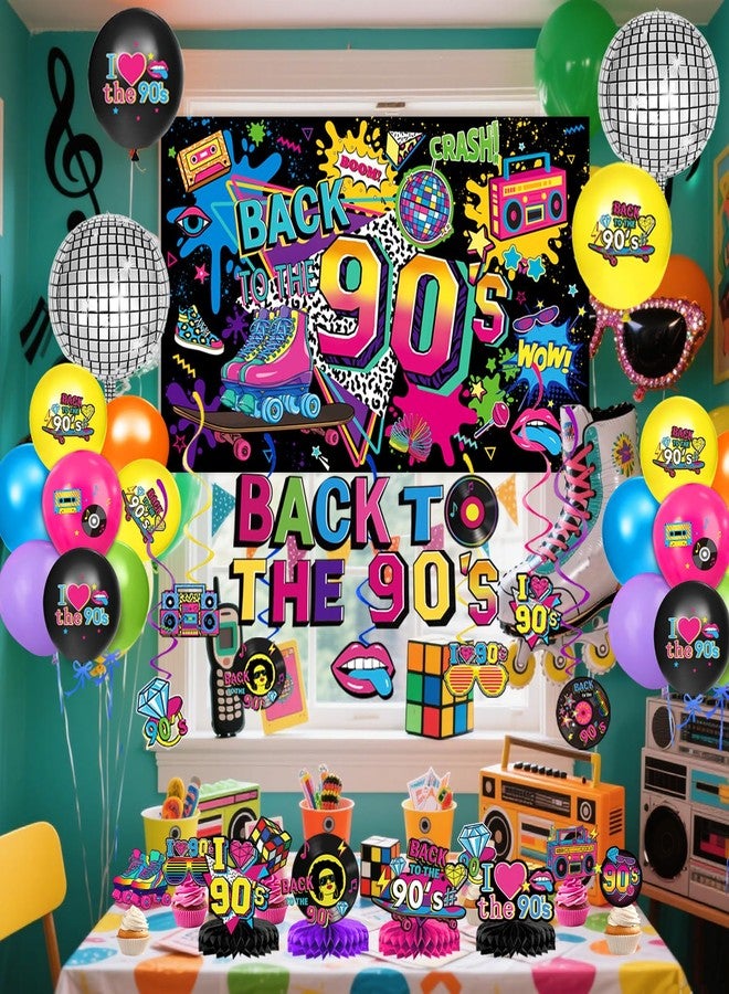 QIYANPAX 90s Party Decorations Includes 90's Backdrop, Foil & Latex Balloons, Cake & Cupcake Toppers, Honeycomb Centerpieces Banner, Hanging Swirls for 80s 90s Party Decorations - Image 5