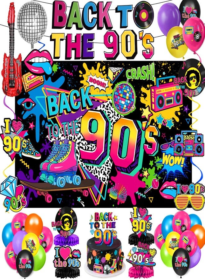 QIYANPAX 90s Party Decorations Includes 90's Backdrop, Foil & Latex Balloons, Cake & Cupcake Toppers, Honeycomb Centerpieces Banner, Hanging Swirls for 80s 90s Party Decorations - Image 1
