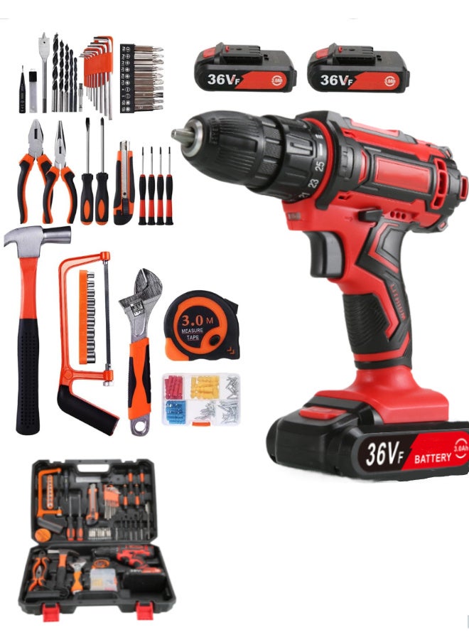 سوبر زي يوث مثقاب كهربائي لاسلكي 36 فولت مع بطاريتين وشاحن، طقم ملحقات أدوات المثقاب/المفك مكون من 102 قطعة، أحمر - Image 1
