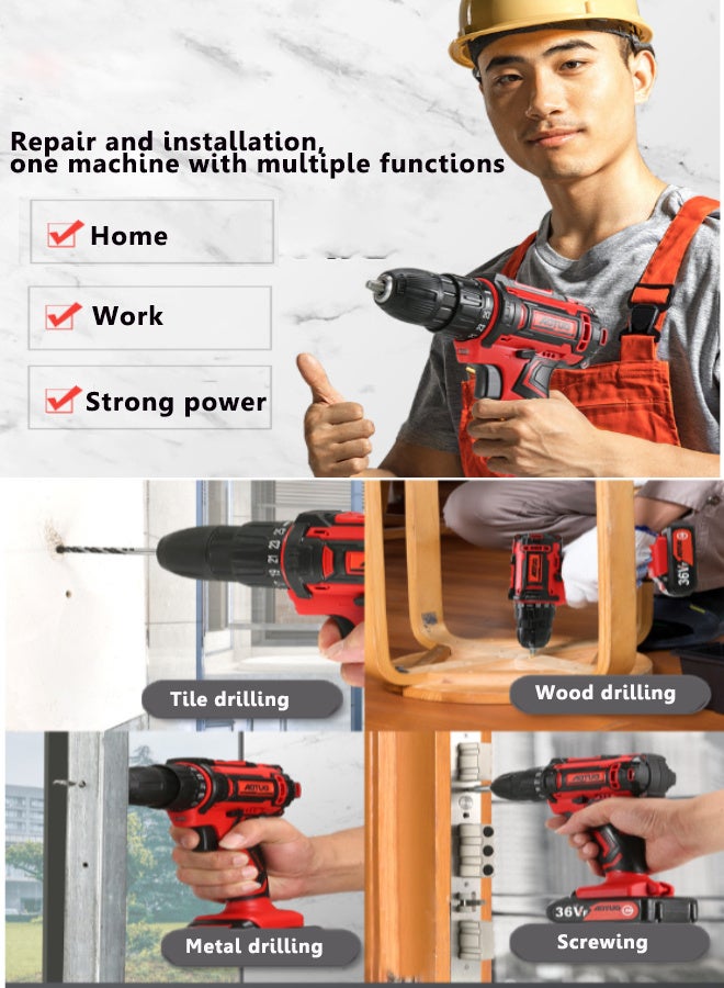 سوبر زي يوث مثقاب كهربائي لاسلكي 36 فولت مع بطاريتين وشاحن، طقم ملحقات أدوات المثقاب/المفك مكون من 102 قطعة، أحمر - Image 5