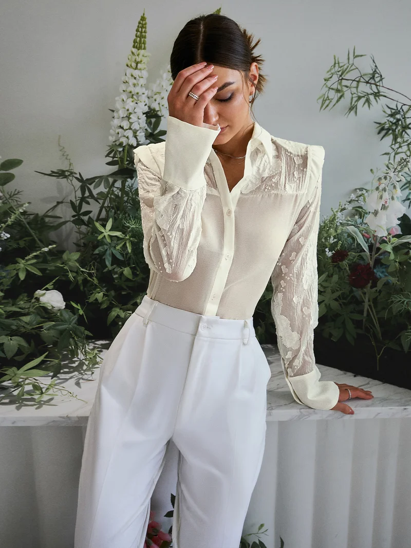 Simplee Shirt Notch Lapel Long Sleeve Patchwork Satin Sequin White Gold Champagne Bronze Fashion