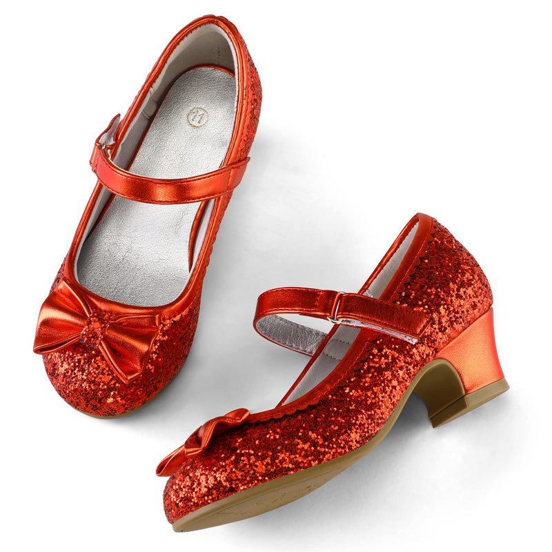 K KomForme Girl's Dress Shoes Mary Jane Glitter 1.5 in Low Heel Wedding Party Princess Shoes for Toddler/Little/Big Kids Red - Image 3