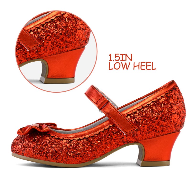 K KomForme Girl's Dress Shoes Mary Jane Glitter 1.5 in Low Heel Wedding Party Princess Shoes for Toddler/Little/Big Kids Red - Image 5