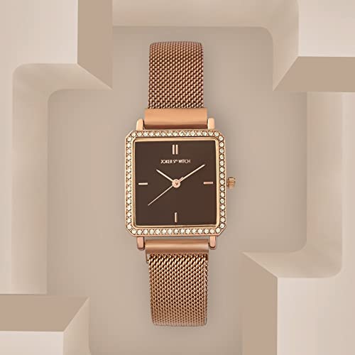 Joker & Witch Women Octa 28mm Brown Dial 18mm Rose Gold Steel Mesh Watch - Image 3