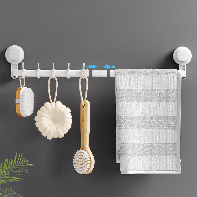 LUXEAR Suction Cup Towel Bar 24 inches Adjustable Towel Rack Holder No Drill Removable Bathroom Towel Holder with 5 Sliding Hooks Wall Mounted Towel Hanger for Shower Room Kitchen Door White