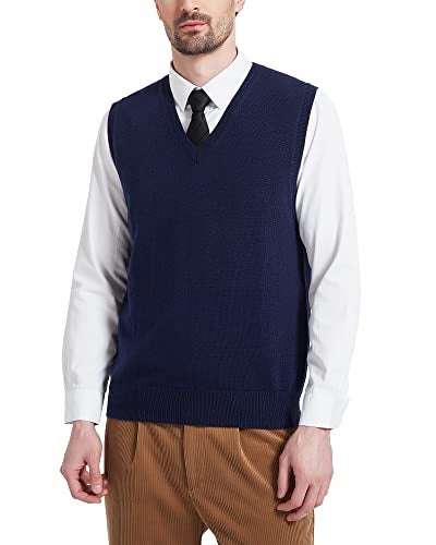 Kallspin Men's Wool Blended Vest Sweater Relaxed Fit V Neck Sleeveless Knitted Pullover (Navy Blue, Medium) - Image 1