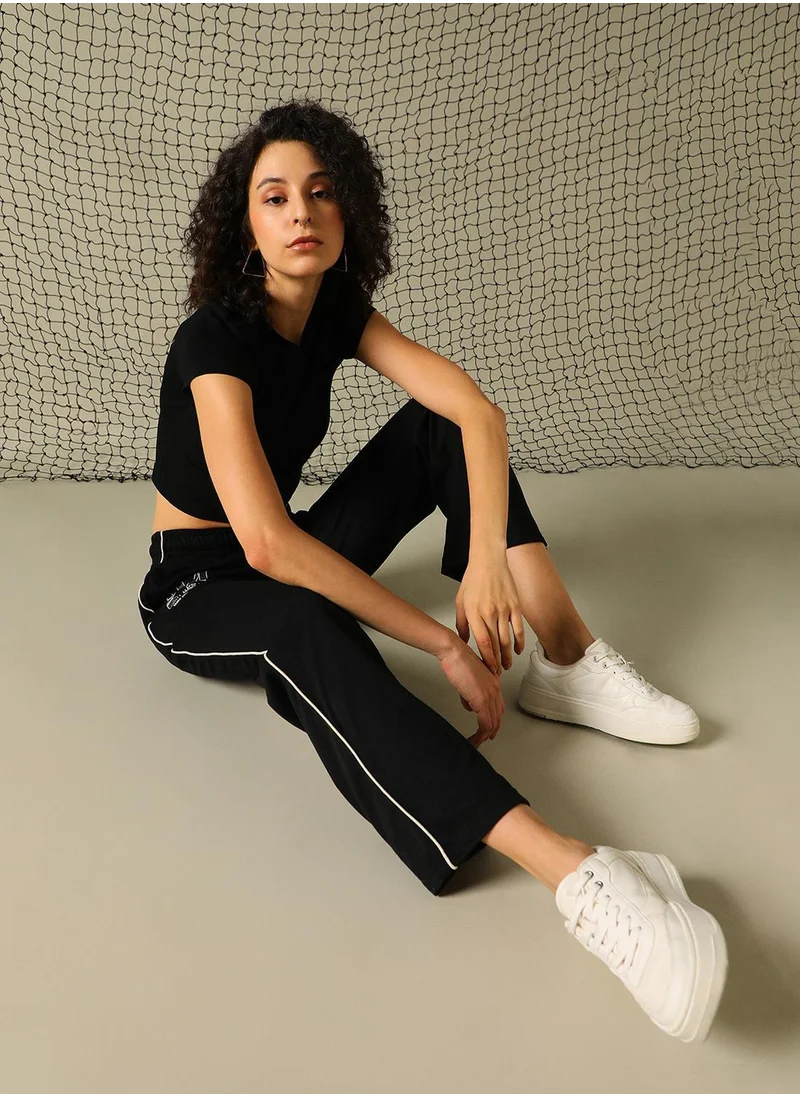 هوبرهولمي Women's Black 100% Polyester Printed Full Length Casual Regular Fit Trouser
